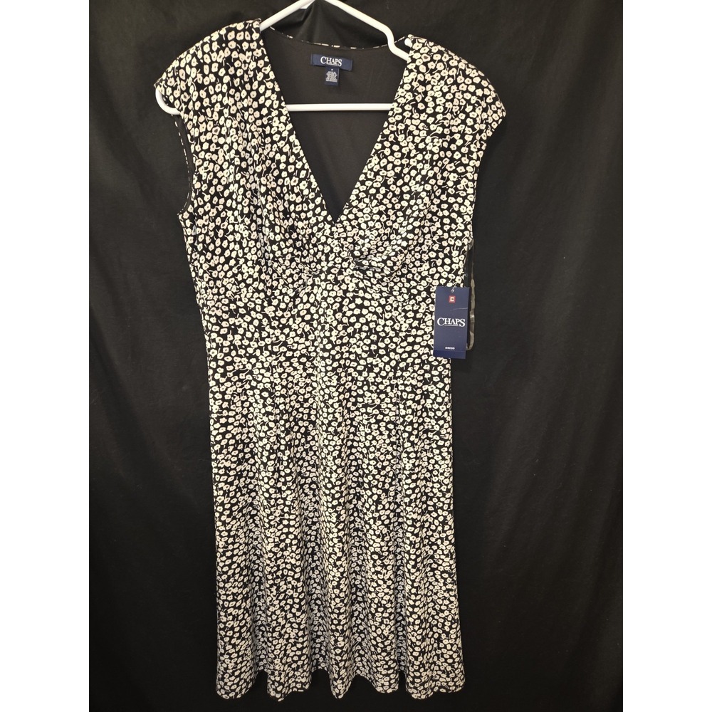 Chaps Black & White Floral‎ V-Neck Sleeveless Dress Women's Medium NWT